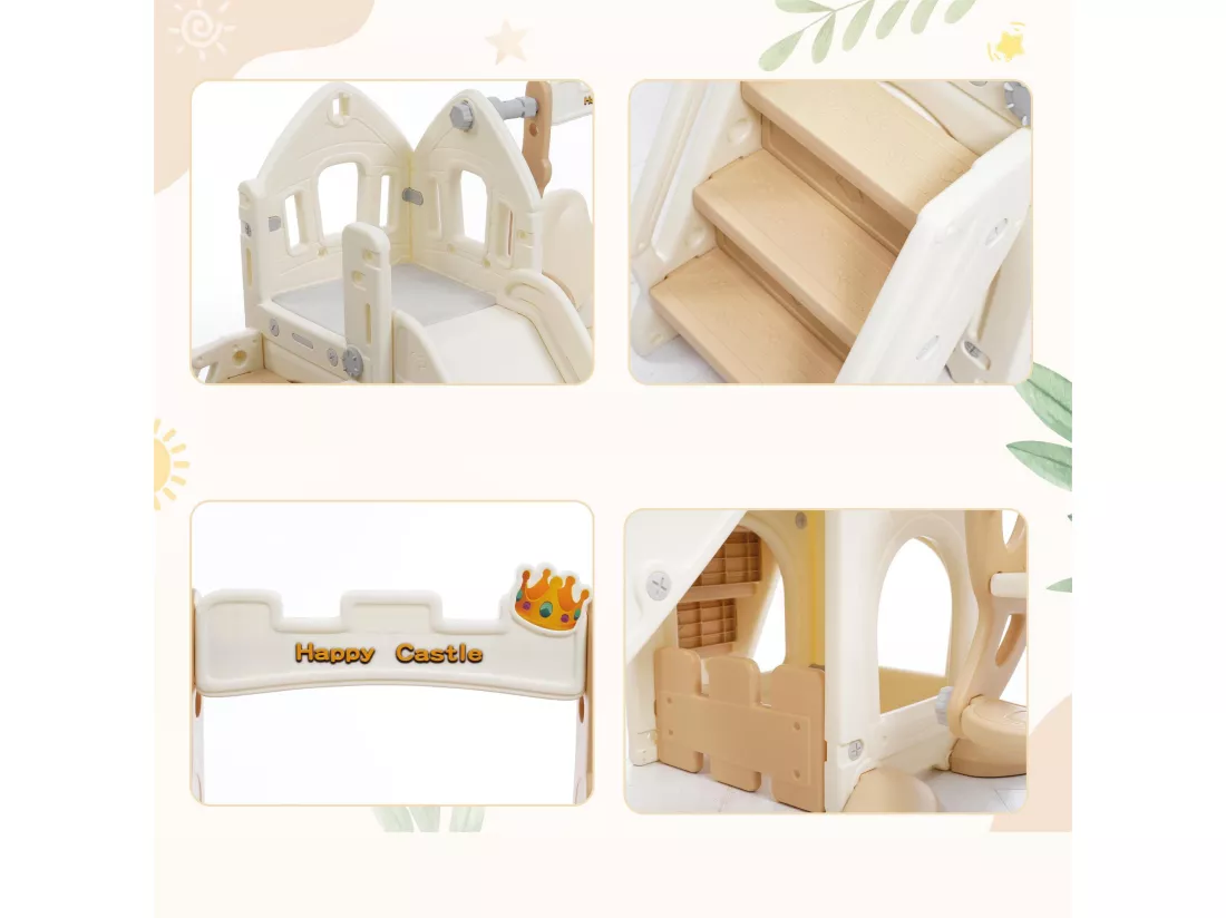 Toboggan 5 en 1 - avec escalier, balançoire, espace de rangement, panier de basket - jaune clair
