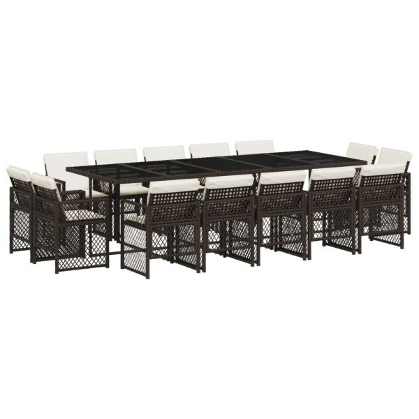vidaXL 15 Peças Conjunto Jantar para Jardim com Almofadões Vime Pe Castanho - 4220815588