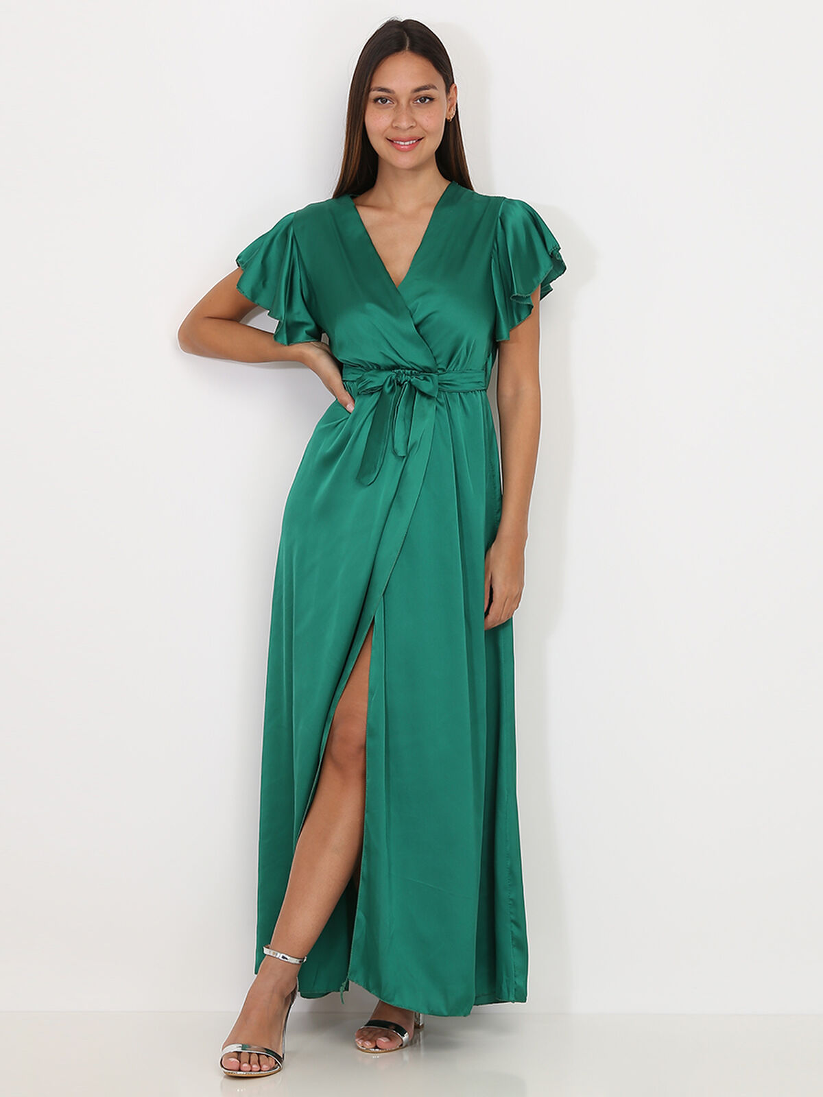 Robe longue cache cœur fendue- Vert