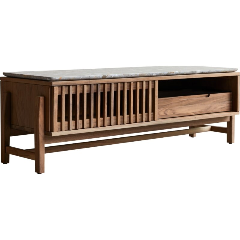 Meuble TV Isaure en bois de noyer massif et terrazzo premium H 45 x L 140 x P 45 cm