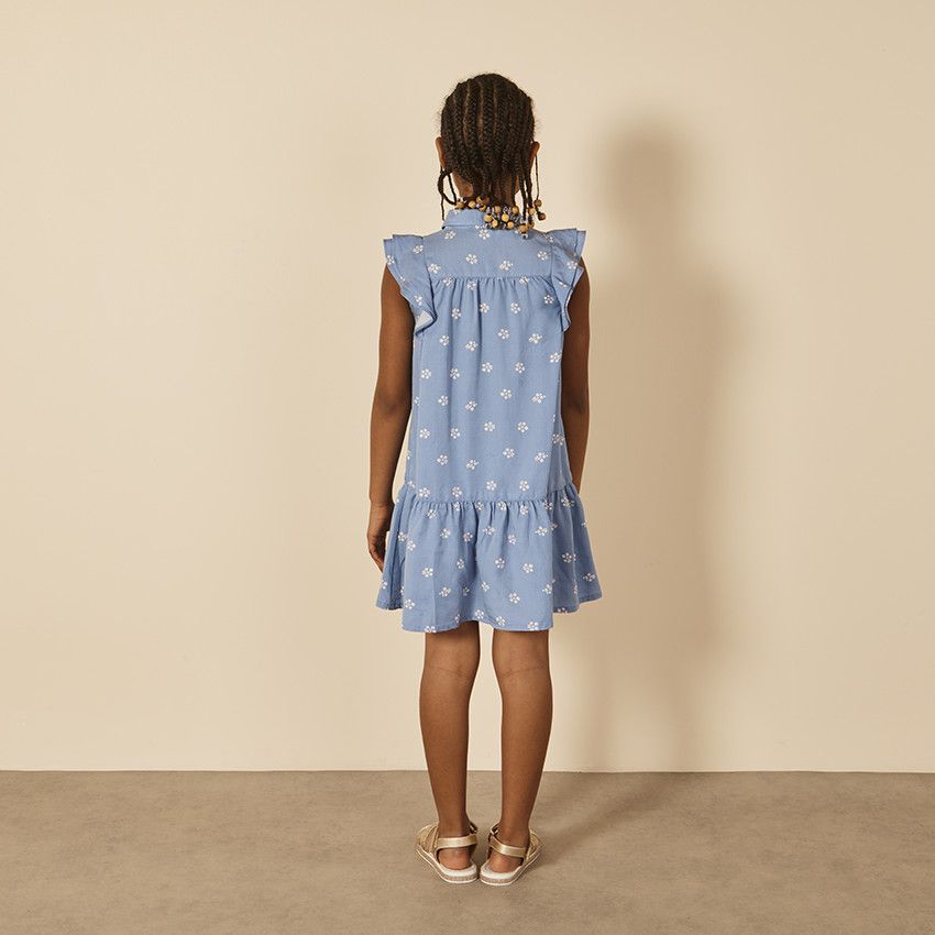 Robe manches courtes volantées imprimé fleurs pour fille - Bleu