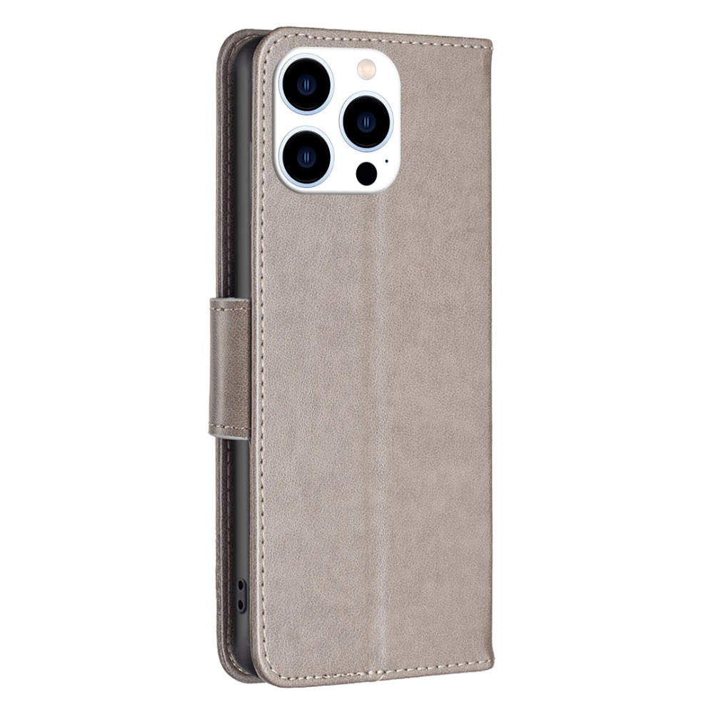 iPhone 14 Pro Leder Tasche mit Kartenfach   Handschlaufe Schmetterling - Grau