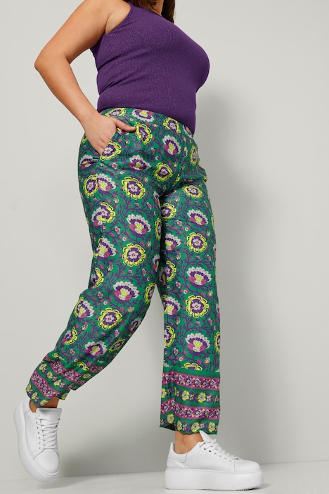 Hose, Wide Legs, Blumendruck, Saumbordüre, Elastikbund
