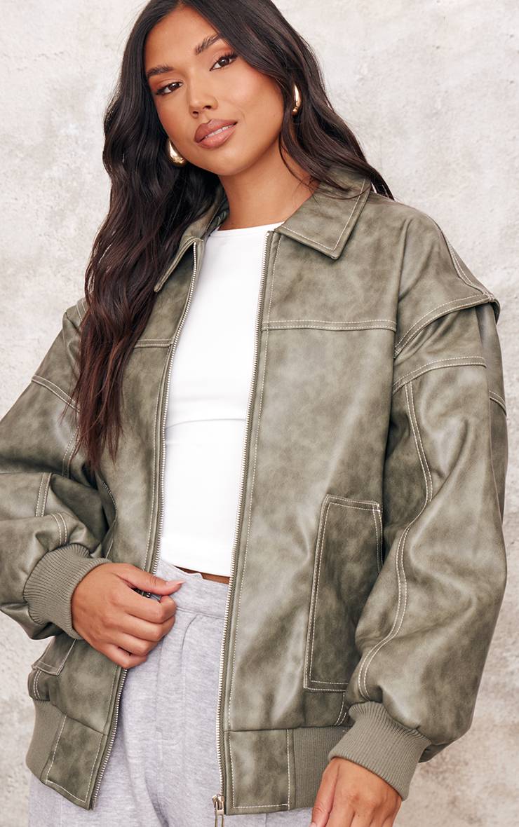 Washed Green Veste Bomber Longue Oversize En Synthétiquecuir Effet Vieilli