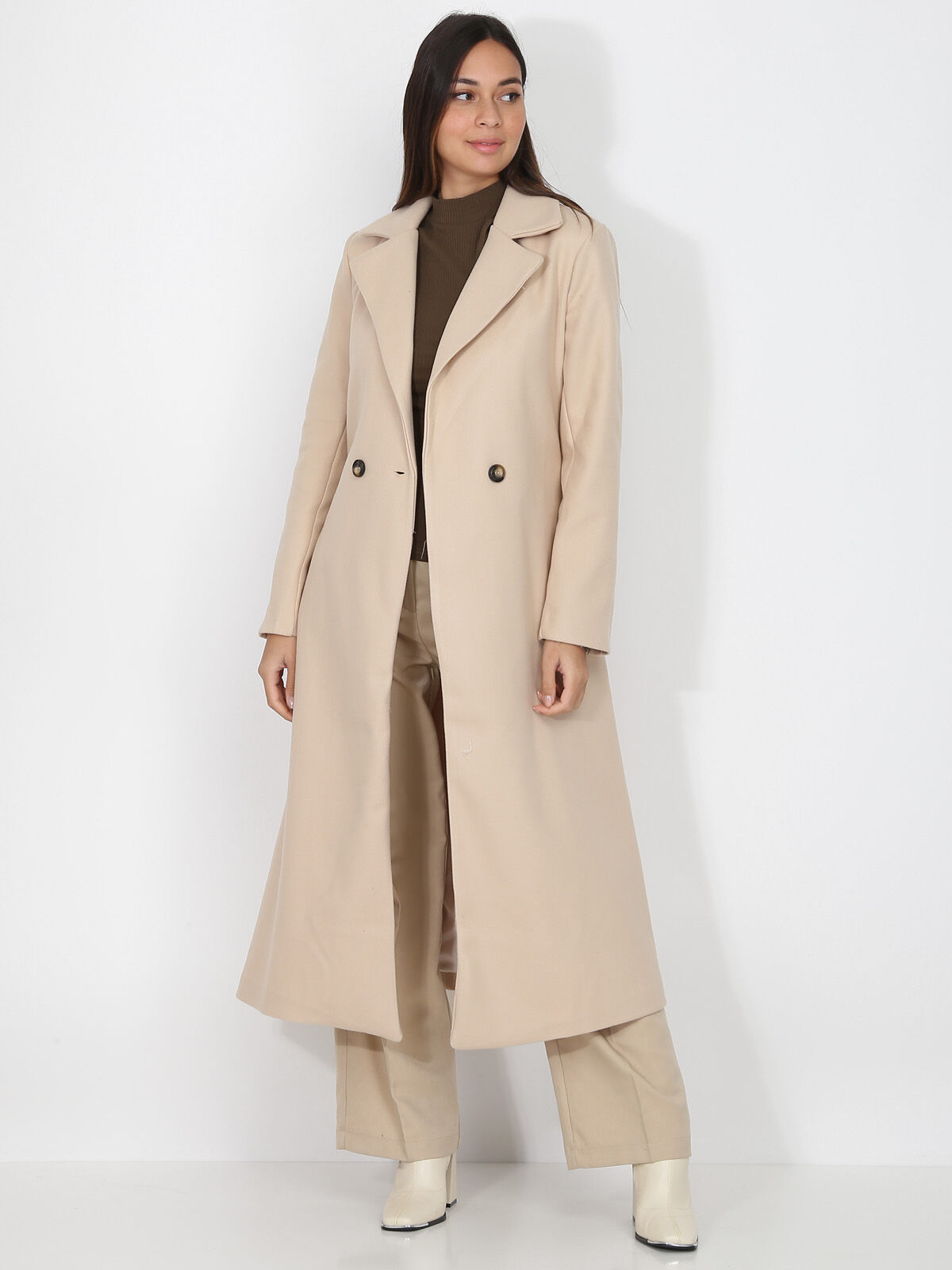 Manteau mi-long croisé et ceinturé- Beige