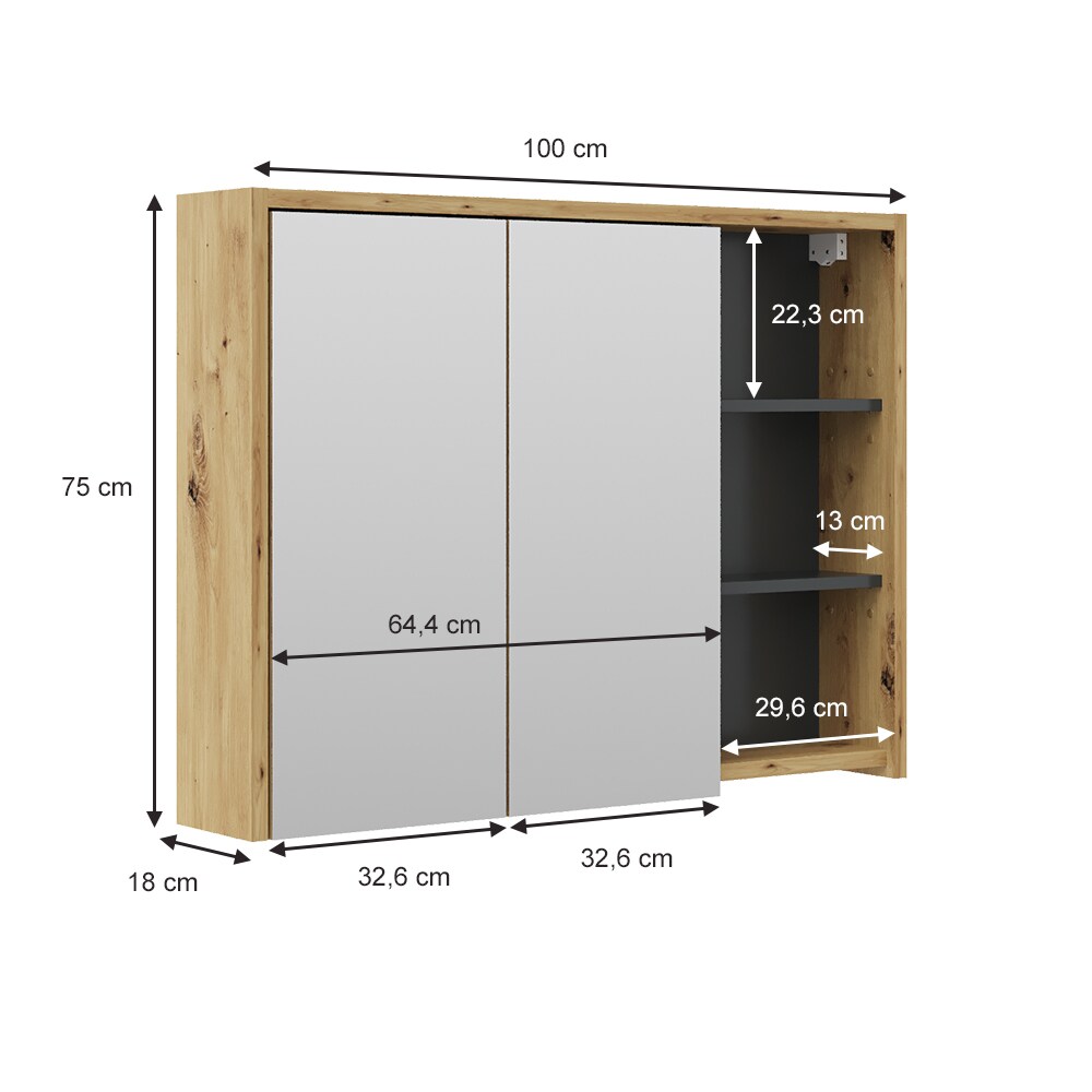 Vicco Spiegelschrank Viola Eiche Badschrank Badspiegel 2 Türen mit Ablagen Badmöbel