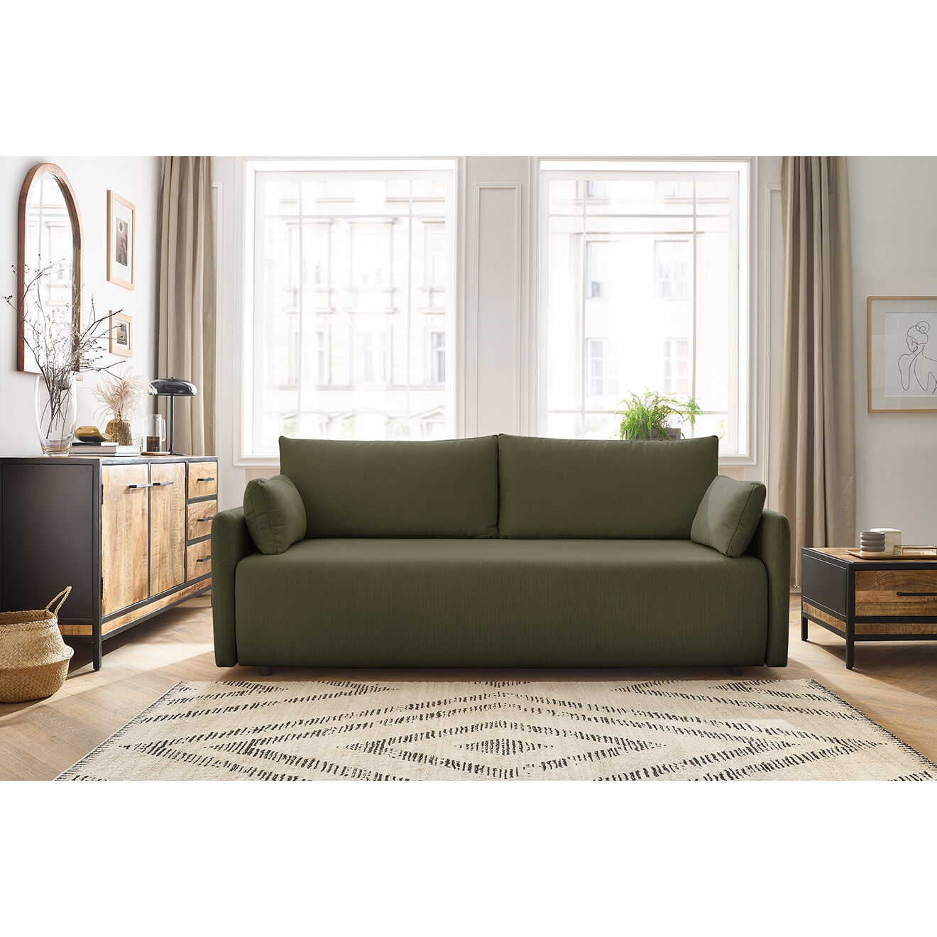 Bobochic Canapé droit convertible coffre marcel tissu lisse vert - 211x100x86 cm