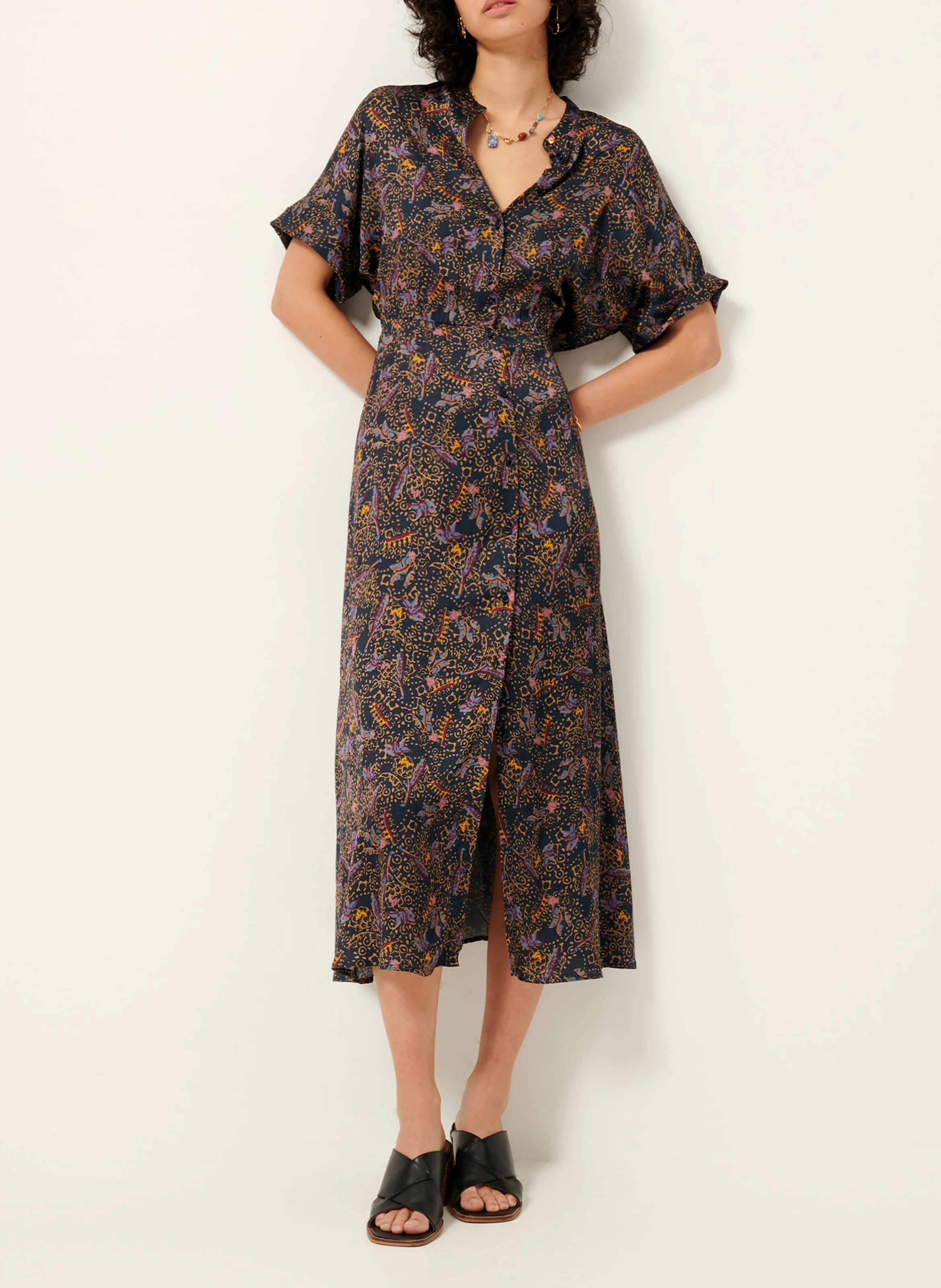 RINESSAN - Robe longue col rond imprimée | Bleu
