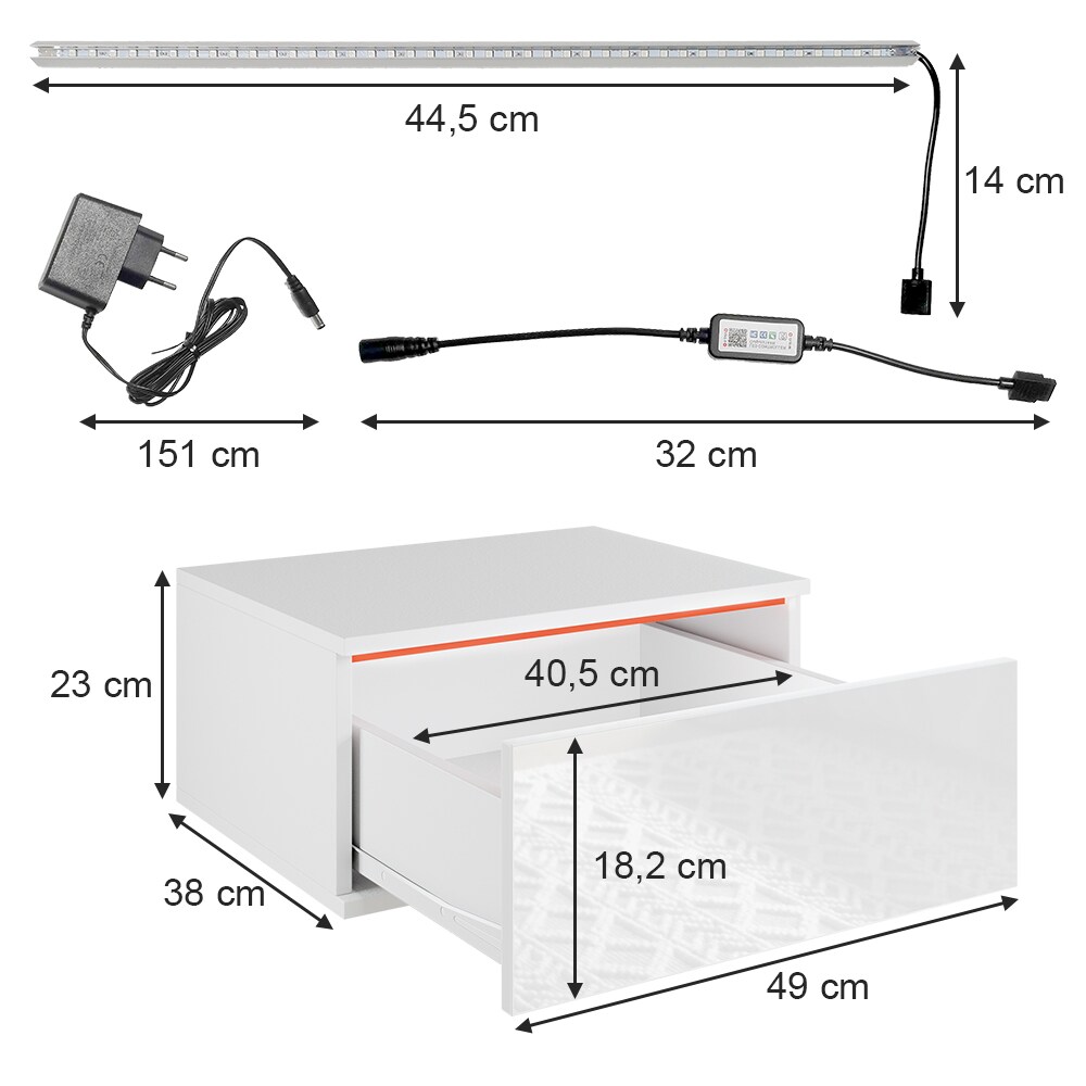 Vicco Nachtschrank Samira 49 x 38 cm, Weiß Hochglanz + LED, Fernbedienung