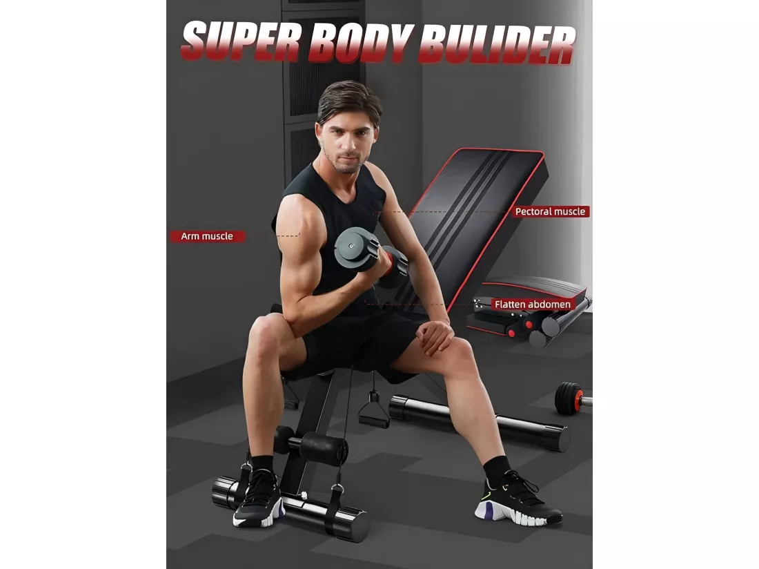 Banc de Musculation Dossier Réglable 7 Positions, 4 coussins presse-jambes, Banc Entraînement Complet du Corps en Métal, Charge 150KG