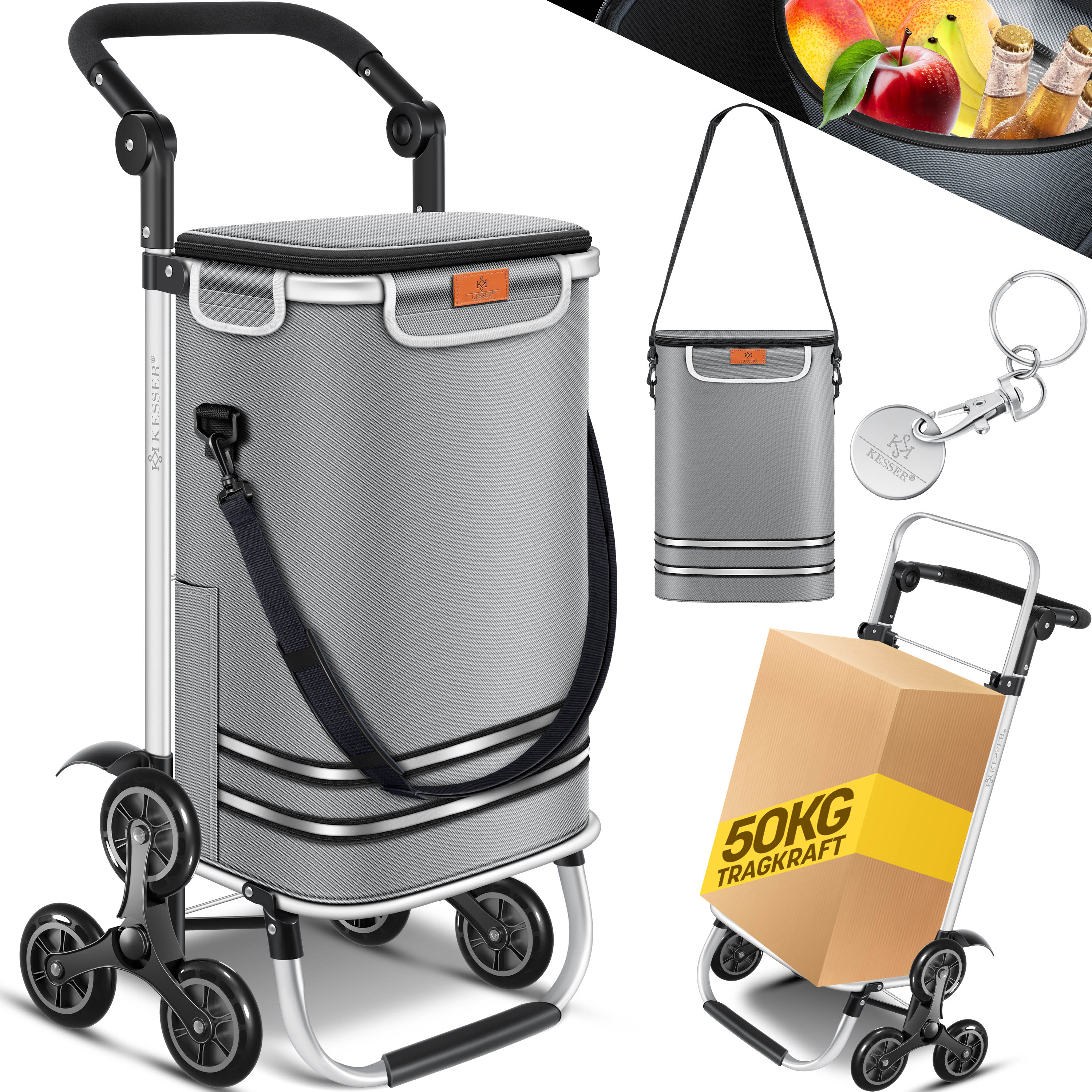 KESSER® Einkaufstrolley Treppensteiger mit Kühlfach klappbar mit 56L Kapazität und belastbar bis 50kg | 3in1 Trolley Sackkarre & Umhängetasche | Faltbarer Einkaufswagen inkl. Einkaufschip