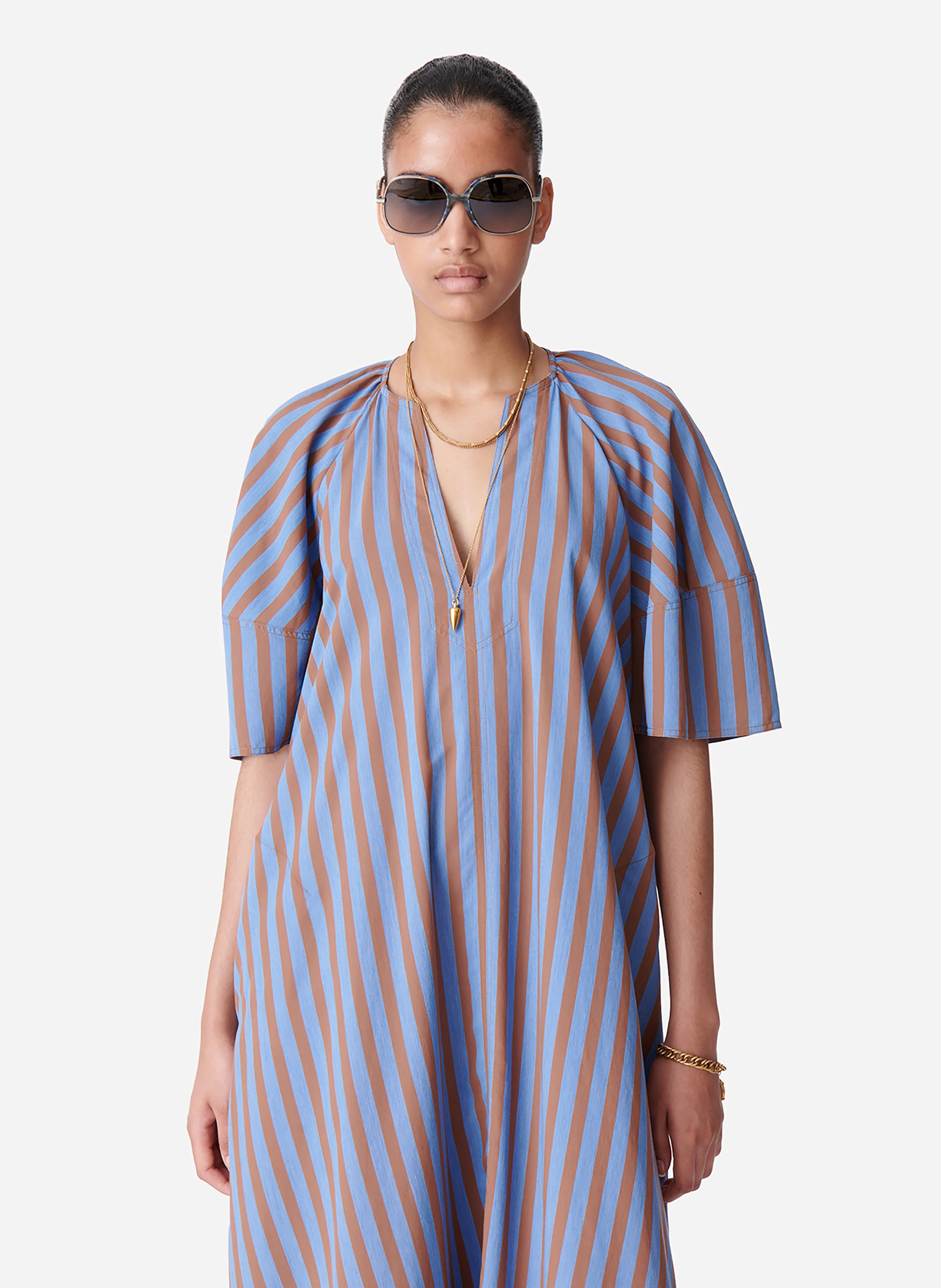 BROOKLYN - Robe longue ample à col V | Bleu