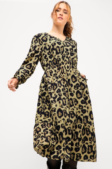 Midikleid, A-Line, Leo, V-Ausschnitt, elastische Taille, Langarm