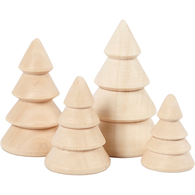 Juletrær, H: 3,3+4,3+5,3+6,3 cm, dia. 2,3+3+3,2+4 cm, 4 stk./ 1 pk.