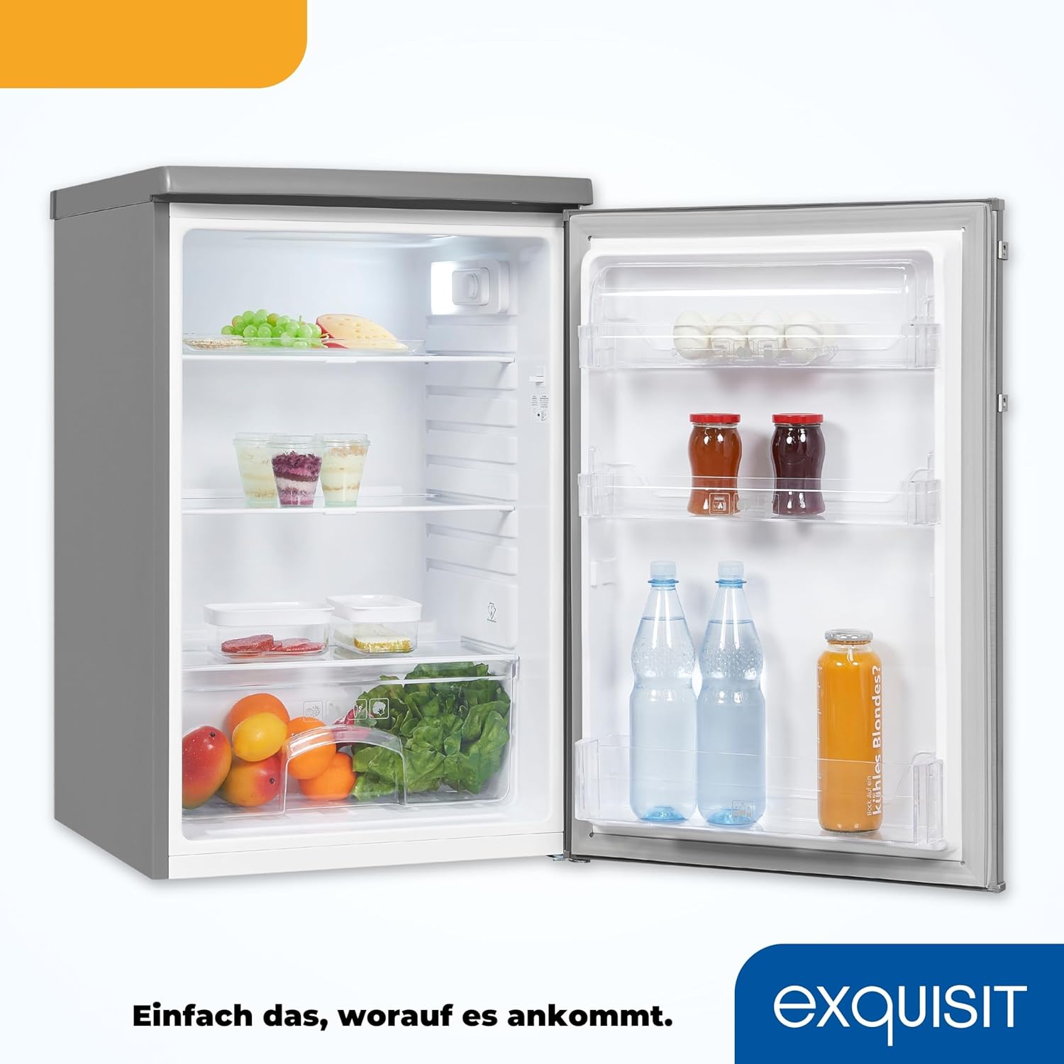 Exquisit Kühlschrank KS16-V-H-040E inoxlook | Standgerät | 127 l Volumen | Inoxlook | Glasablagen und Gemüsefach | Beleuchtung | Türablagen | Türanschlag wechselbar
