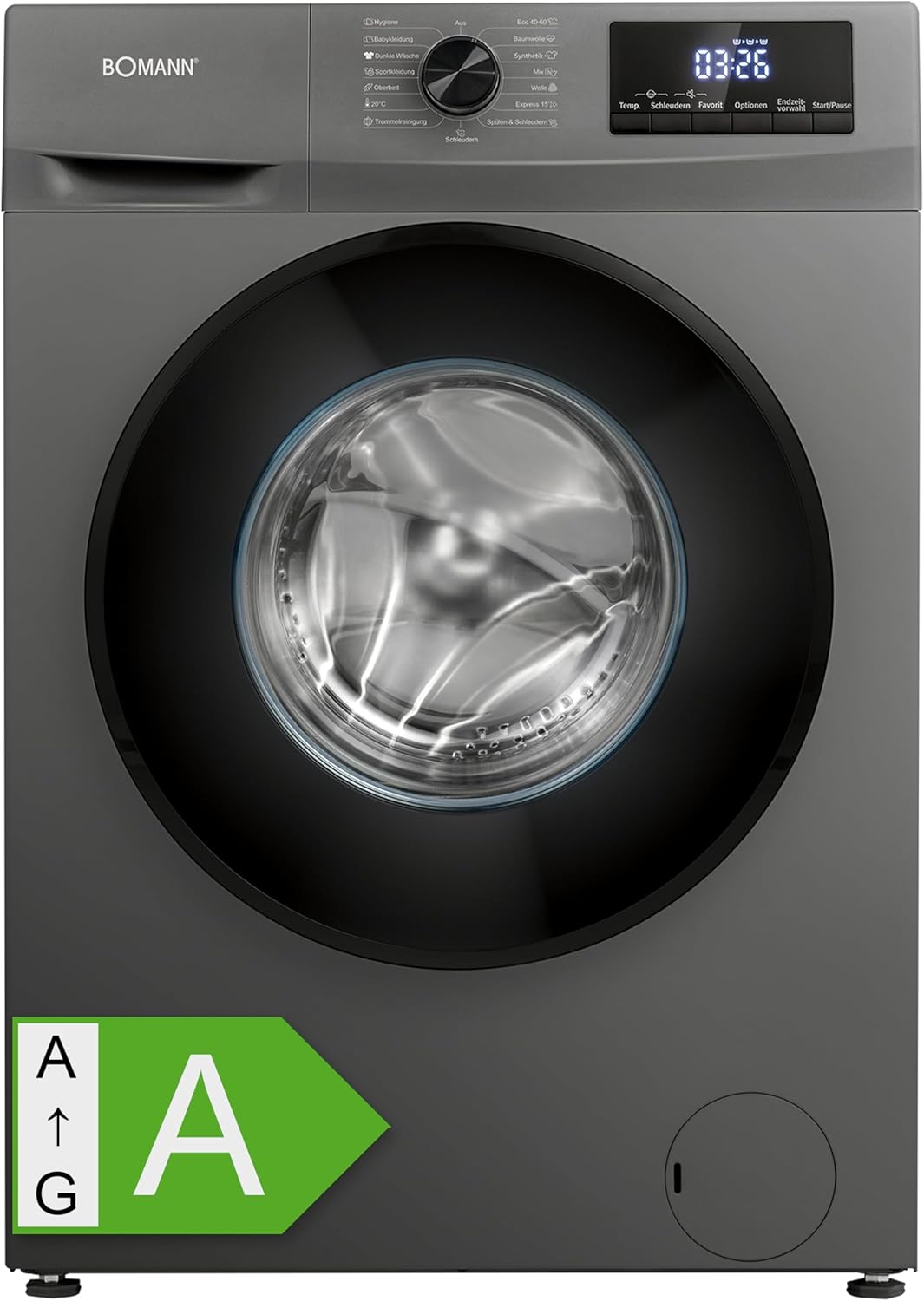 Bomann Waschmaschine 7kg | max. 1400 U/min | 10 Jahre Motor-Garantie | effizienter, leiser & langlebiger Invertermotor | 15 Programme | Endzeitvorwahl | Washing Machine WA 7175 titan - schwarz