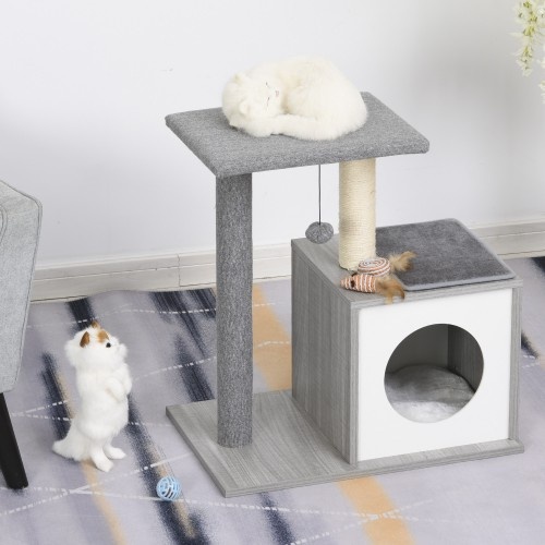 Arranhador de 3 níveis para gatos PawHut, cinza