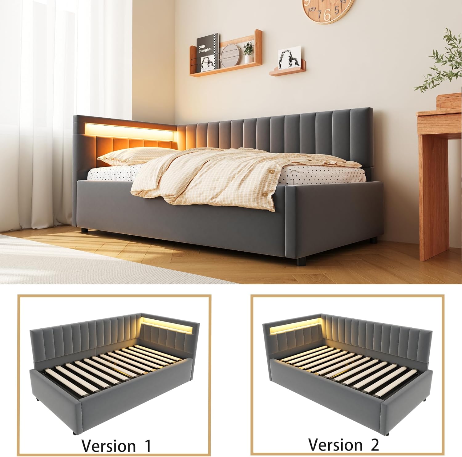 ANIROY Kinderbett Polsterbett 90 x 200 cm, Schlafsofa Einzelbett mit LED und Hydraulischem Stauraum, Daybett Tagesbett Sofabett mit Abnehmbarer Rückenlehne und Lattenrost, ohne Matratze (Dunkelgrau)