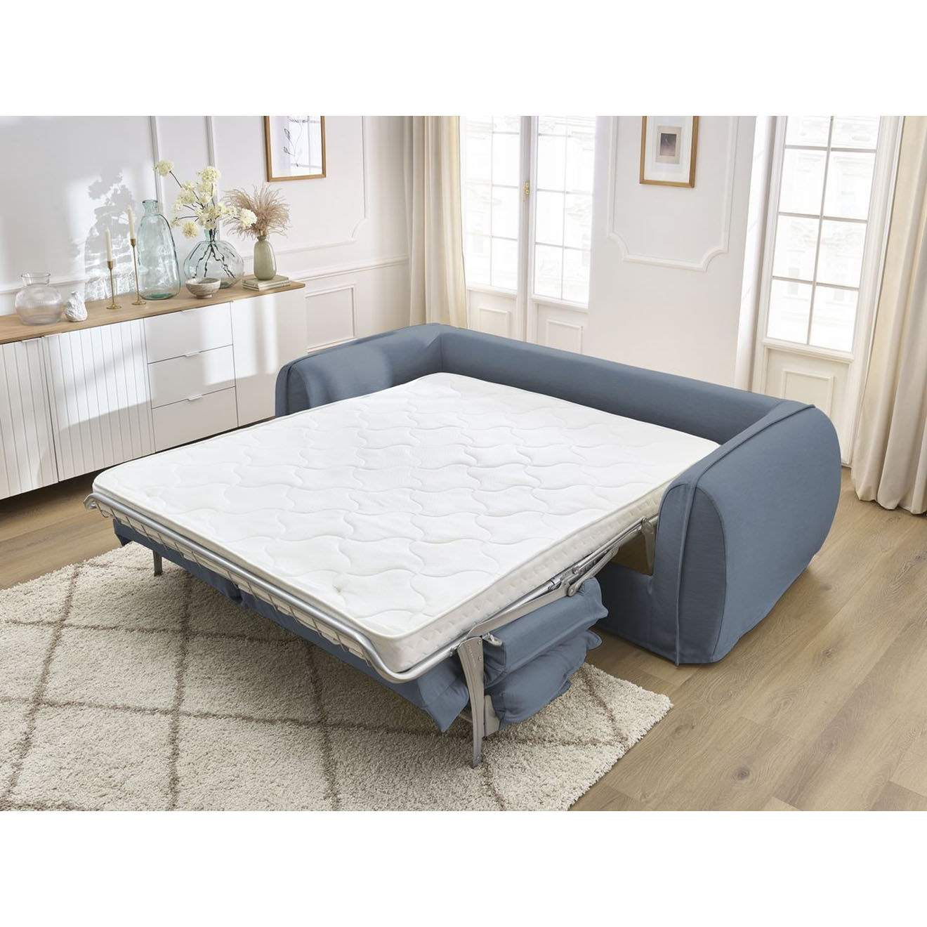 Bobochic Canapé droit convertible express 3 places Archimède 140 bleu foncé - 216x106x93 cm