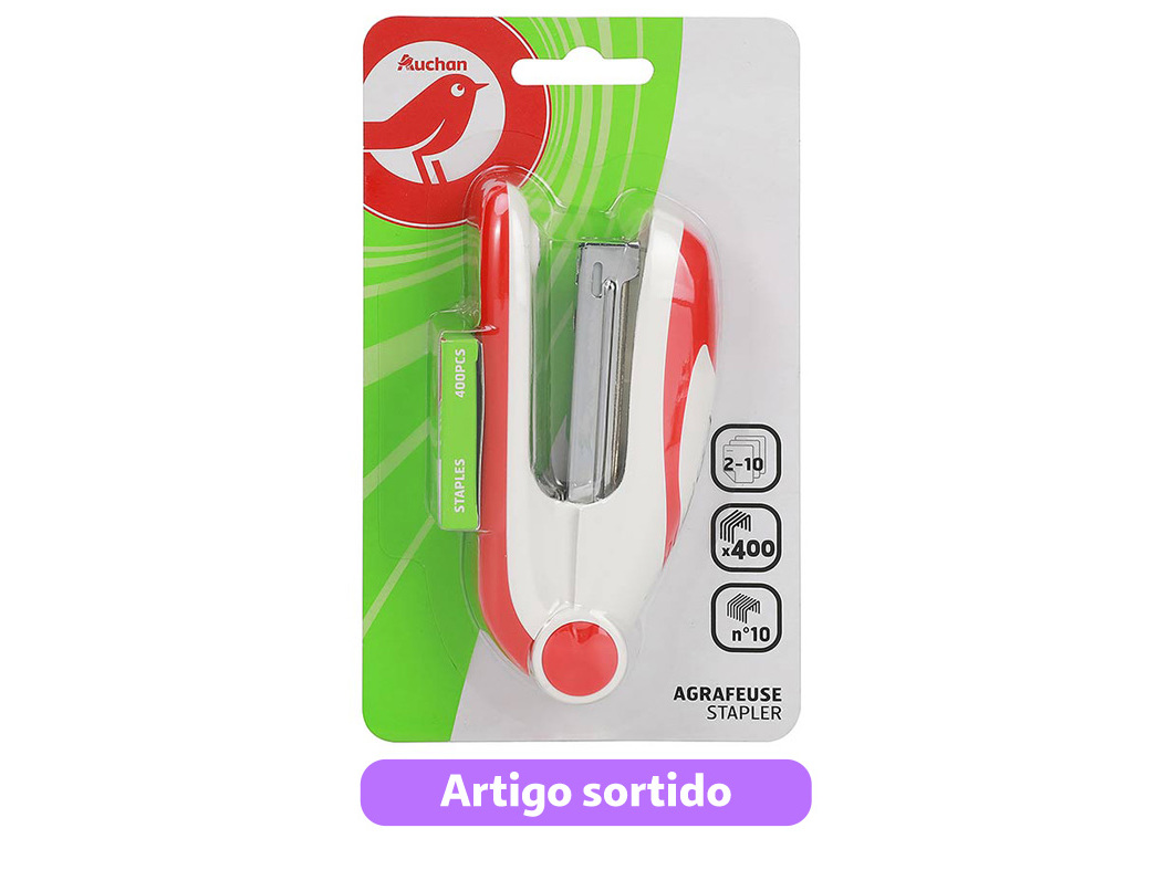 CONJUNTO DE MINI AGRAFADOR N.10 AUCHAN E CAIXA COM 400 AGRAFOS CORES SORTIDAS