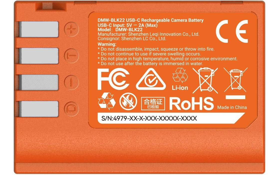 Digitalkamera-Akku DMW-BLK22 USB-C OrangeUSB-C aufladbarer Kamera-Akku