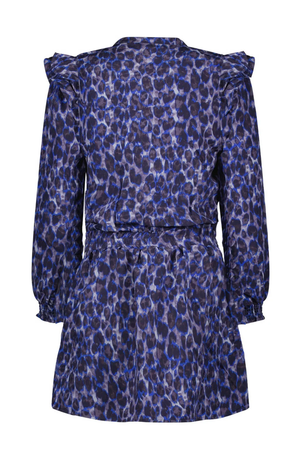 Like Flo jurk Marlou met all over print en ruches donkerblauw/paars