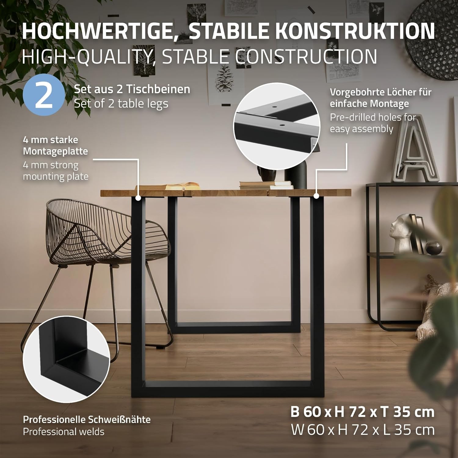 ML-Design 2er Set Tischgestell 70 x 74 cm in U-Form, Metall, Schwarz, Industrial-Design, Verstellbarer Bodenschutz, Kufengestell für Esstische & Schreibtische, Tischbeine Tischkufen für DIY-Projekte