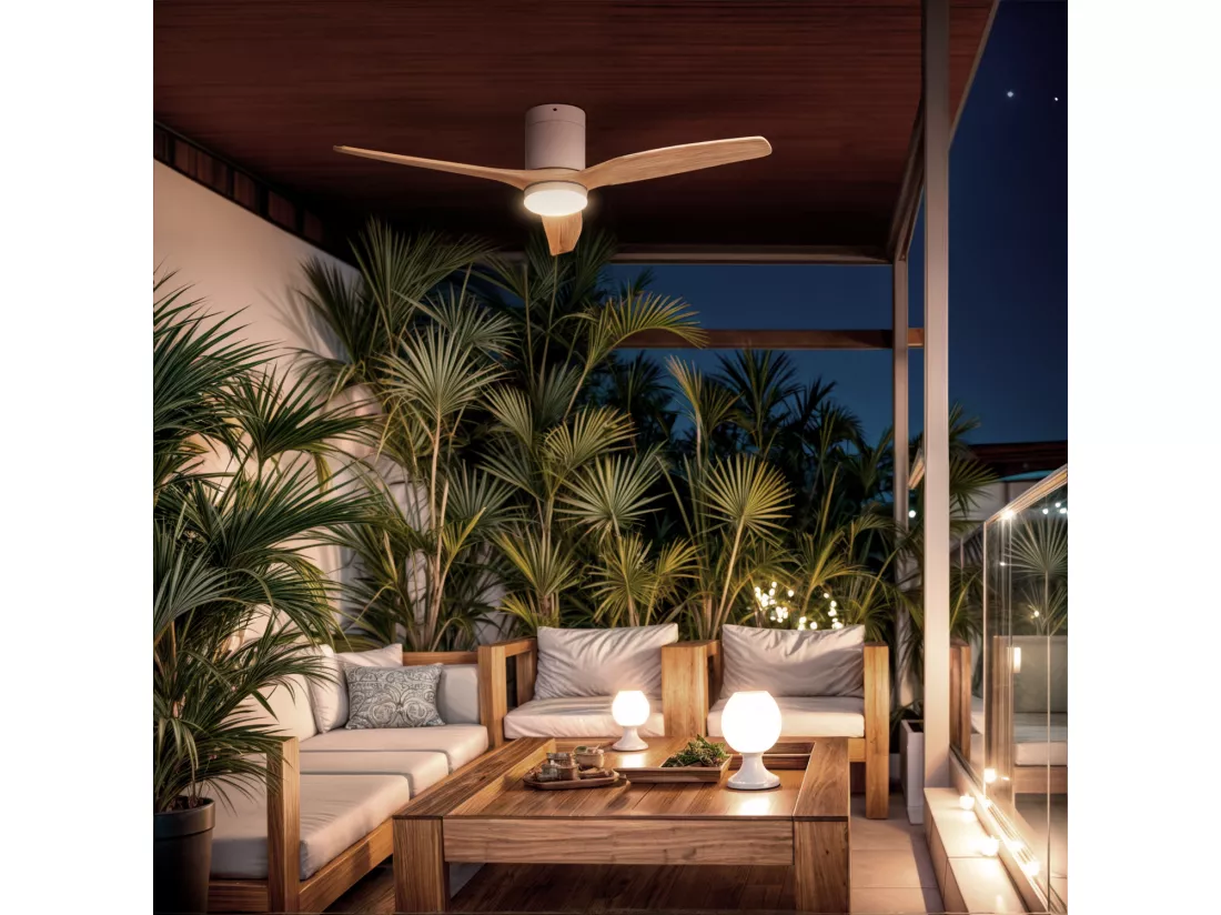 Ventilateur de Plafond Silencieux Angistri Blanc 132cm Motor DC Bois foncé Télécommande Avec lumière Non