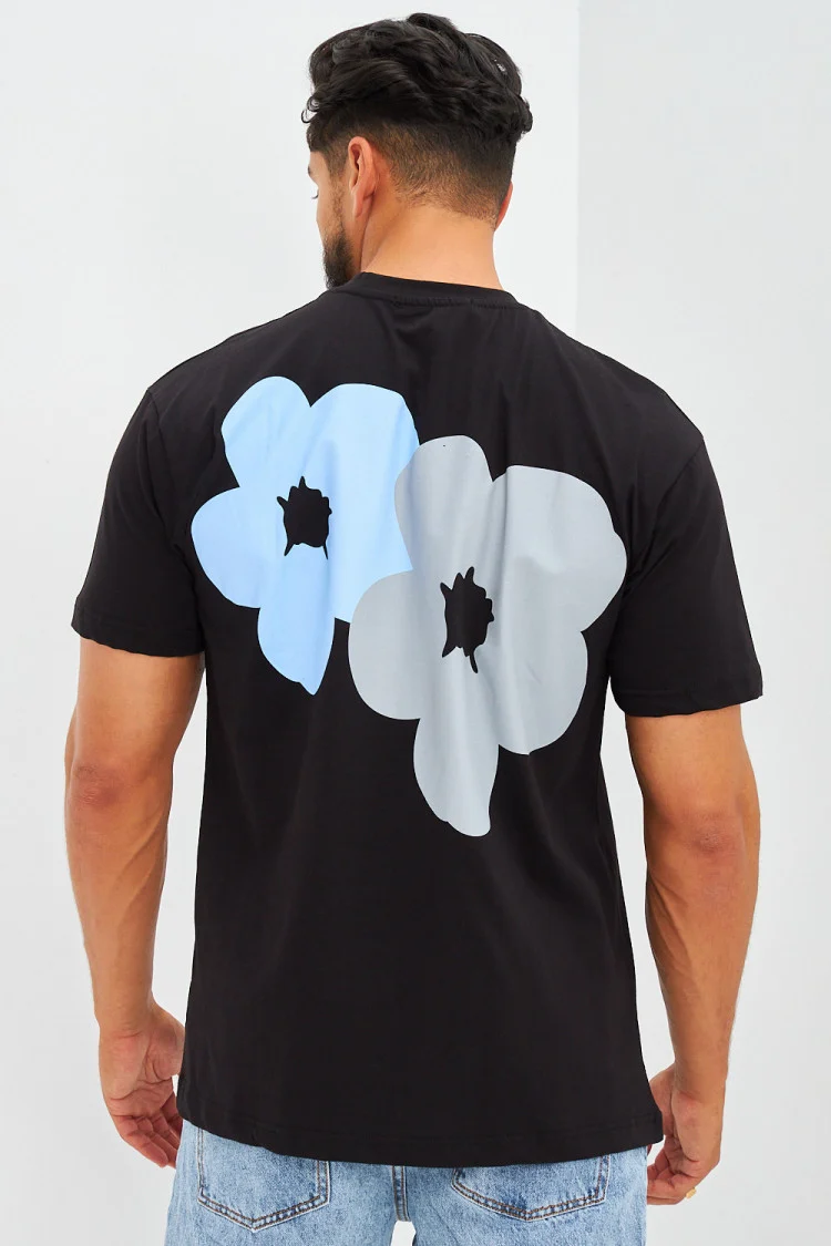 T-shirt floqué fleurs avant et arrière noir