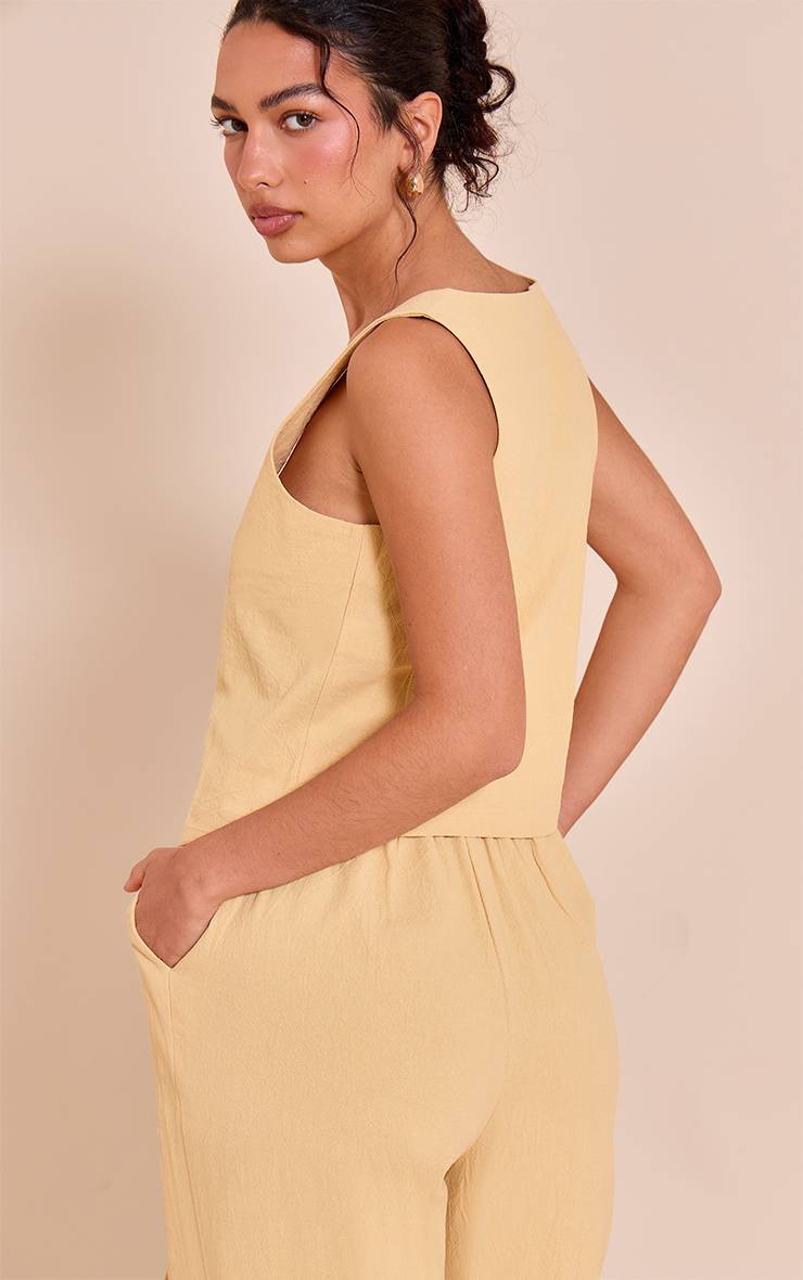 Butter Yellow Gilet Ajusté Col Rond Aspect Lin Sur Mesure