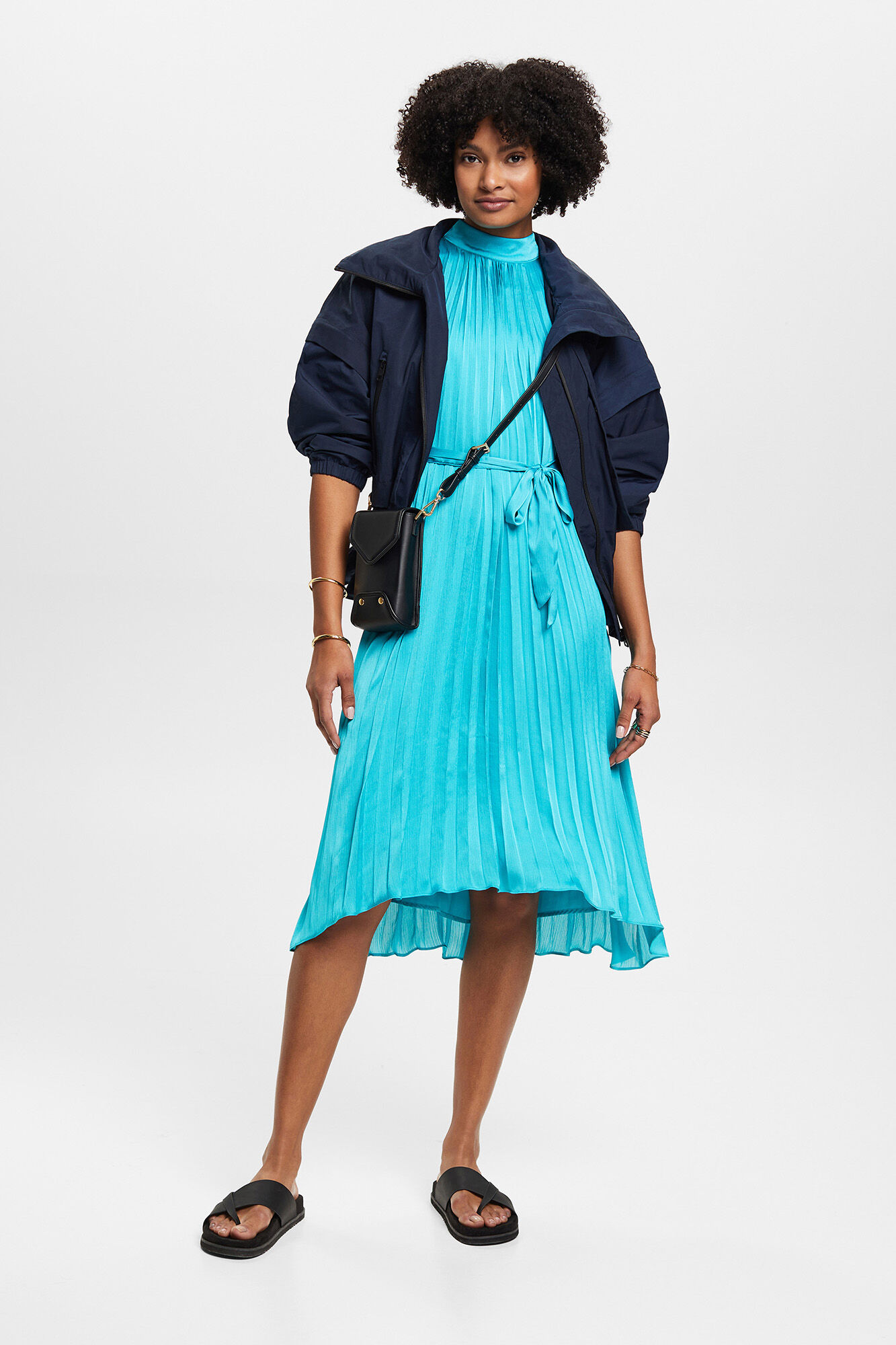 Vestido midi plissado sem mangas em cetim - Turquesa
