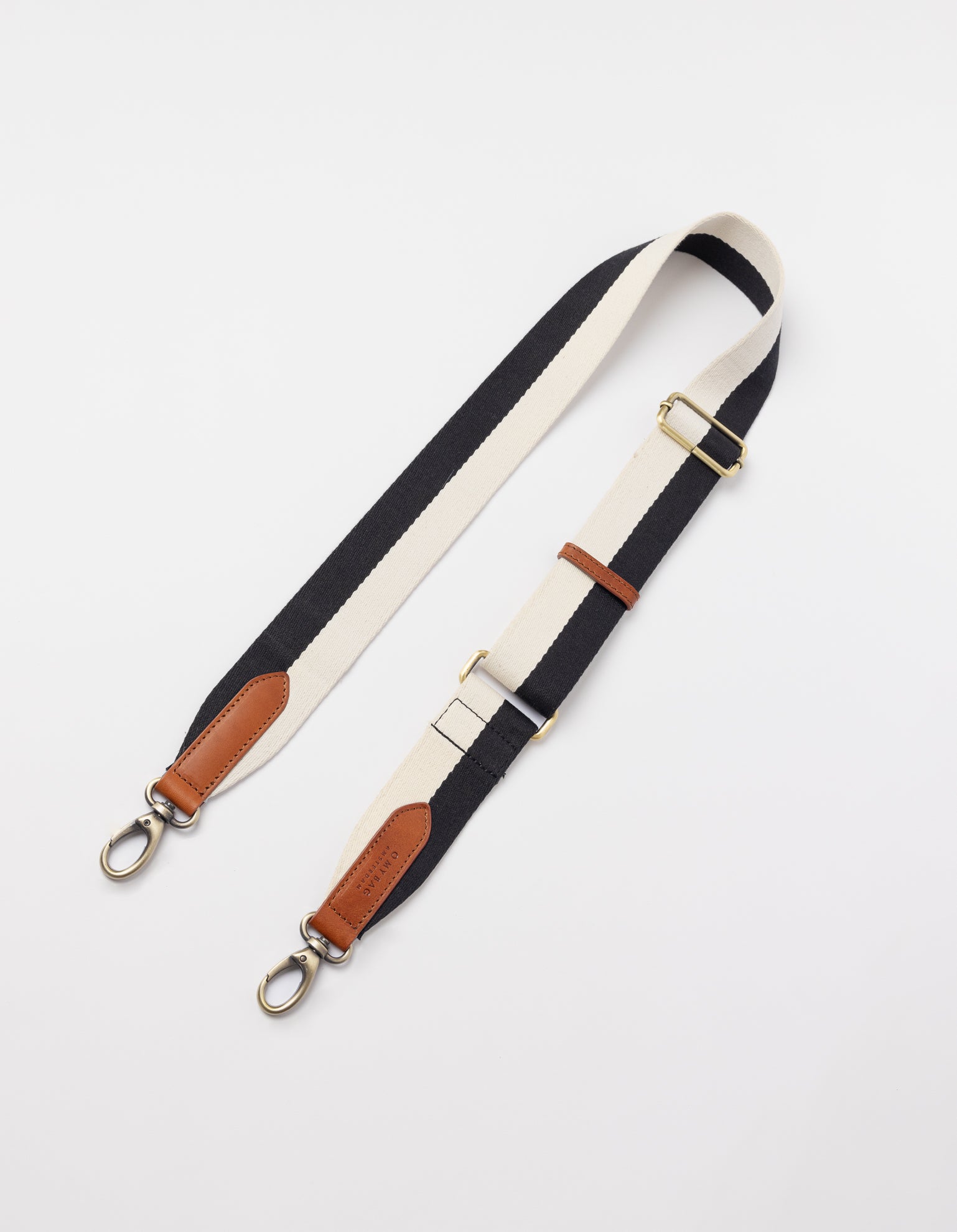 Perfectly Imperfect Striped Webbing Strap - Black & White / Cognac Classic Leather