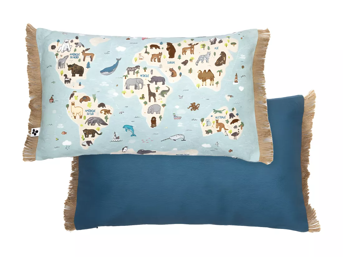 EXPLORE - Coussin Déhoussable à Franges 30x50cm Coton Motif Monde