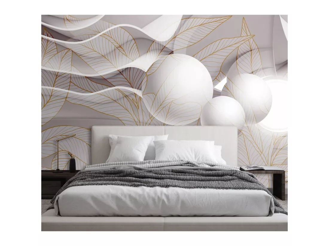 Papier peint feuilles et boules d'or 3d - 254 x 184 cm