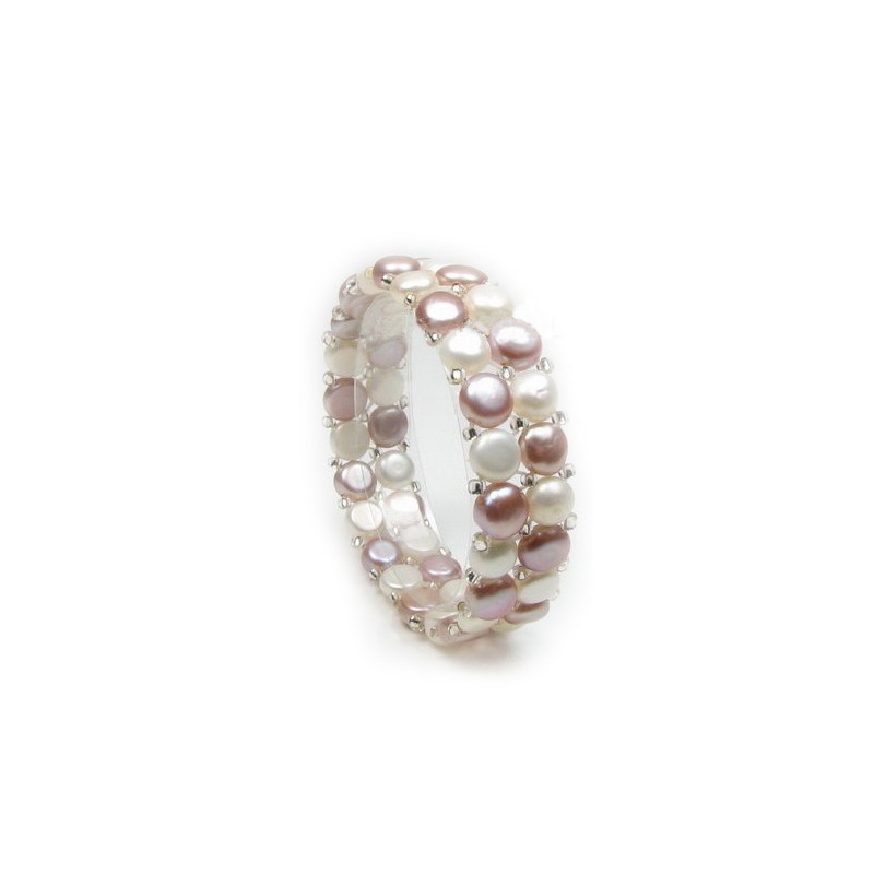 Bracelet Femme Stretch 2 rangs Perles de culture d'eau douce blanches et lavandes