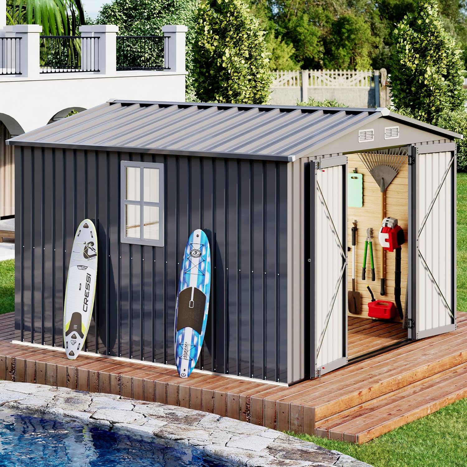 verzinktes Metall Gartenhaus mit Schrägdach 281x278x193cm, Geräteschuppen mit breiter Tür und Querfenster, als Gartenschuppen, Gartenhütte oder Fahrradgarage, 12 m³ Lagerfläche, Schwarz