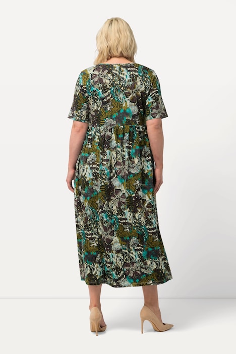 Jerseykleid, Blüten, A-Linie, Tunika-Ausschnitt, Halbarm