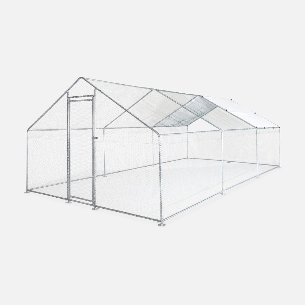 Enclos pour poulailler 18 m² - babette - volière en acier galvanisé. Bâche de toit imperméable et anti uv. Porte avec loquet. Enclos