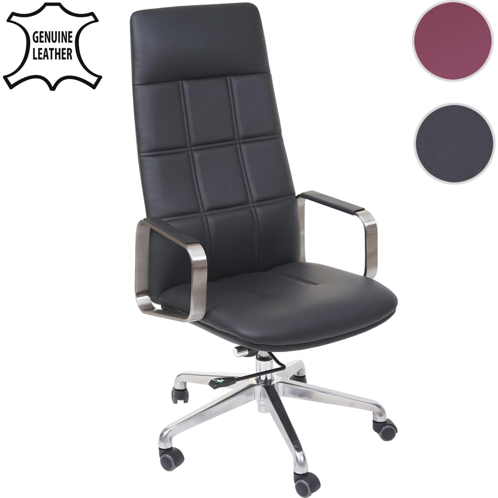 Bürostuhl MCW-A57, Schreibtischstuhl Drehstuhl, Voll-Leder + Kunstleder Edelstahl ISO9001 ~ schwarz
