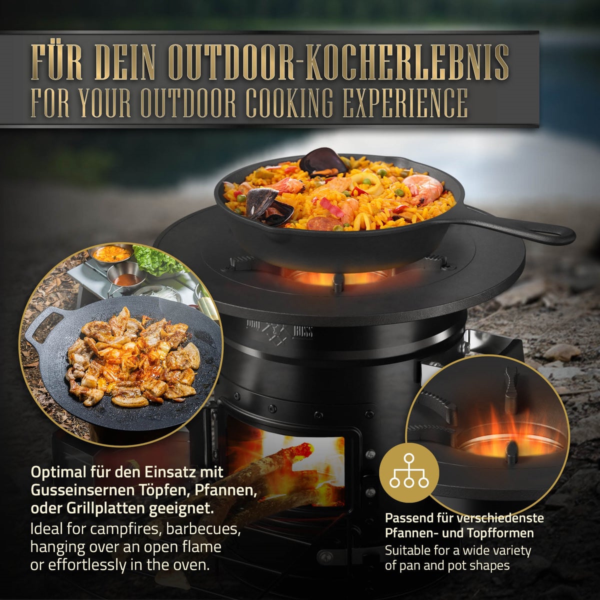 BBQ#BOSS Rocket Stove met grillpan en draagtas, zwart, kampeerkachel met brandhoutstandaard, dubbele deur, kampeerbarbecue houtkachel om te koken, buitenkeuken, Rocket Stove voor Dutch Oven en kampeergrill