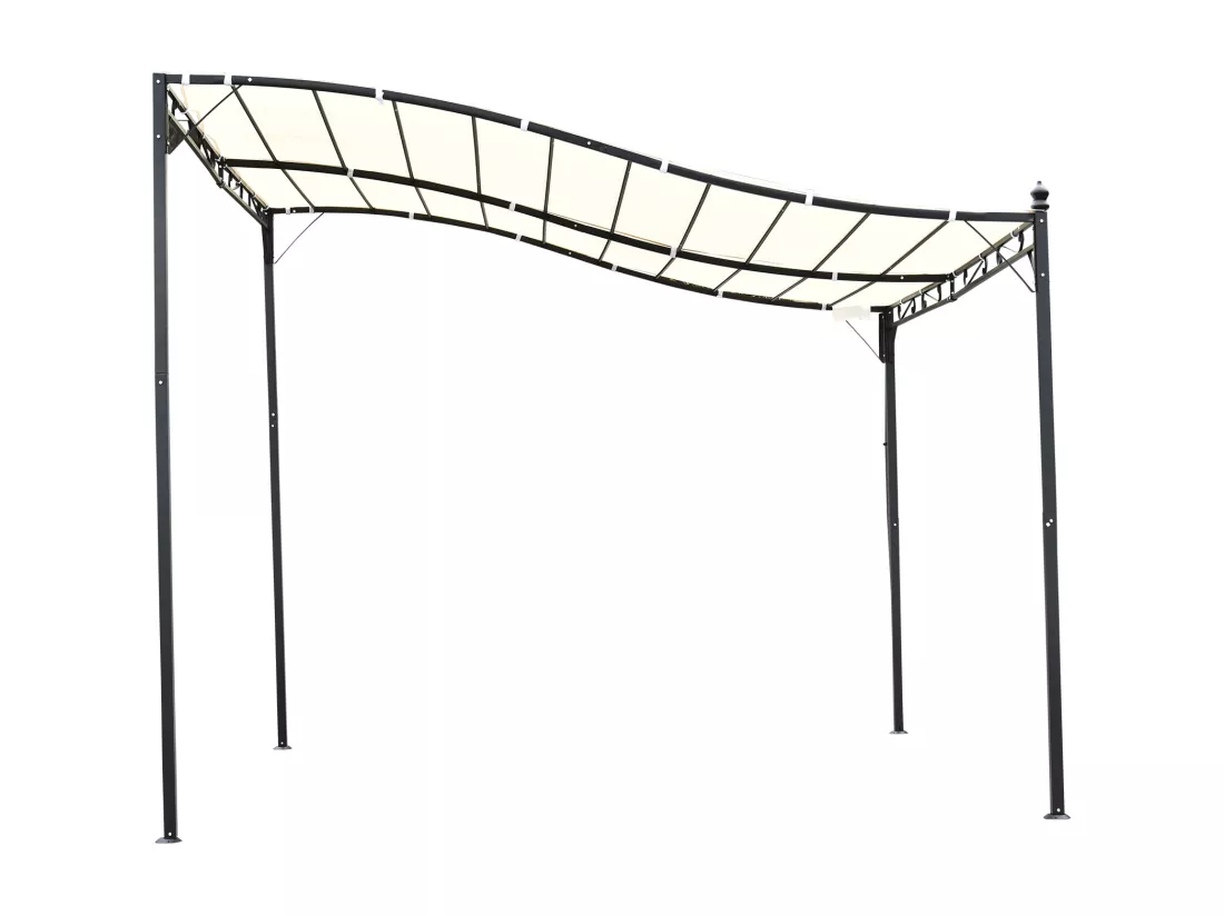 Pergola tonnelle de jardin auvent 2,97 x 2,97 m adossable métal noir polyester anti-UV beige