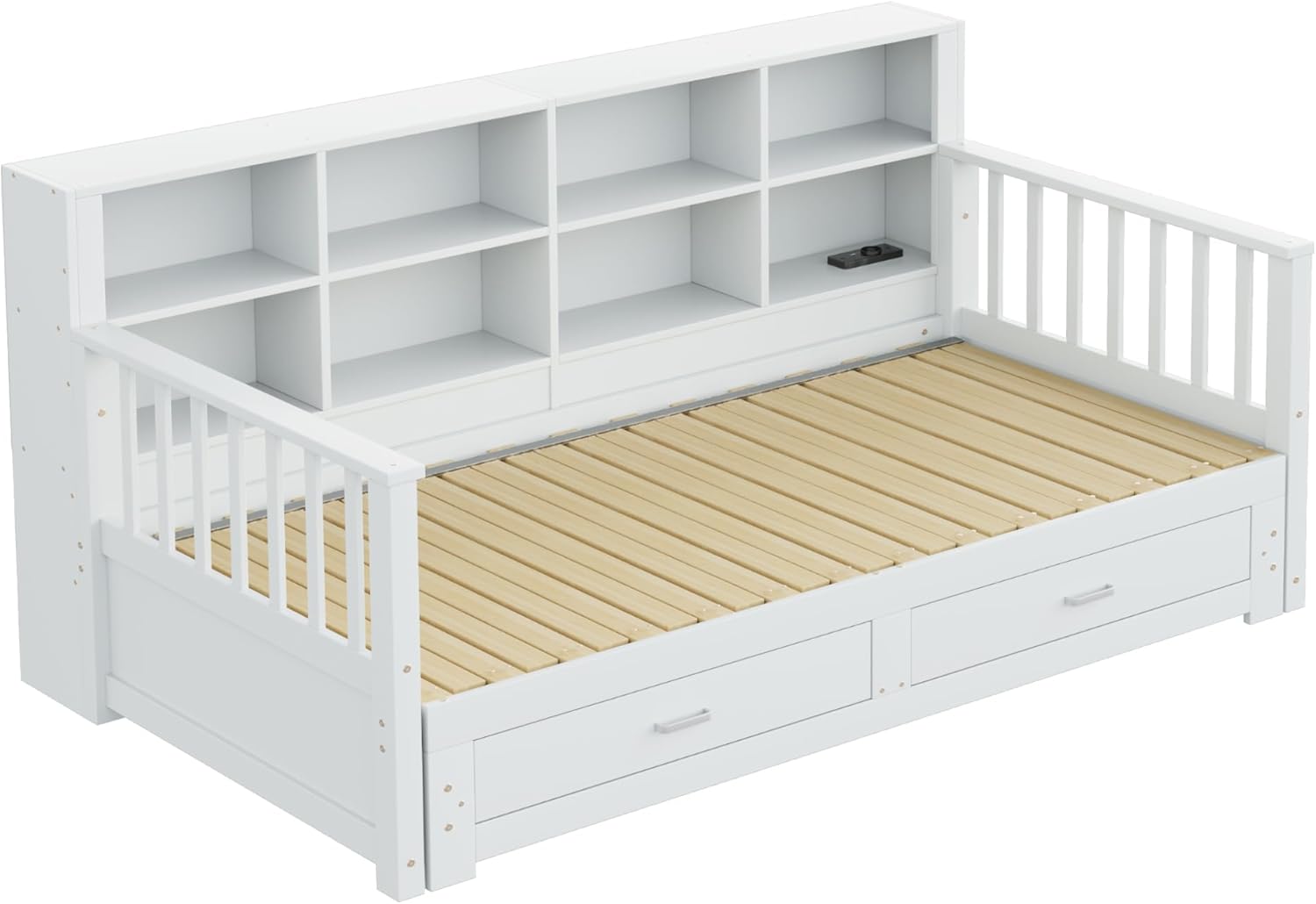Ausziehbares Massivholz-Schlafsofa 90/180x190 cm, Kinderbett Tagesbett mit 2 Schubladen, Ladesteckdose und Stauschrank, Holzbett Daybett Jugendbett Funktionsbett mit Lattenrost, Ohne Matratze, Weiß