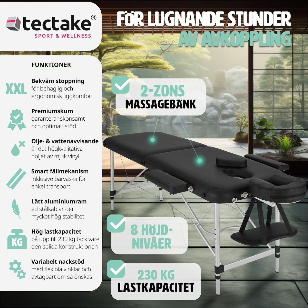 Massasjebenk i aluminium med 2 soner - svart