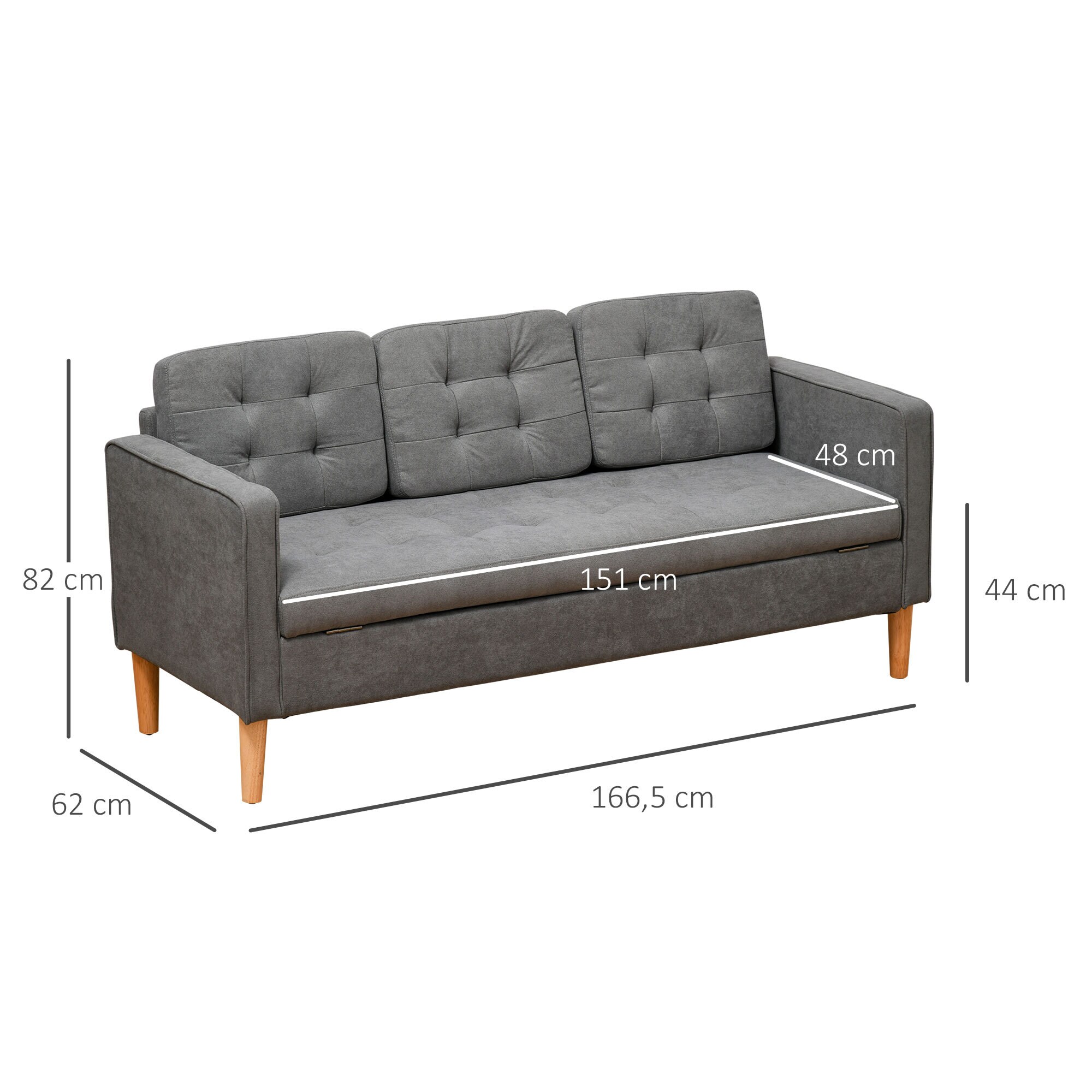 HOMCOM 3-Sitzer-Sofa mit abnehmbaren Kissen grau 166,5 x 62 x 82 cm (BxTxH)