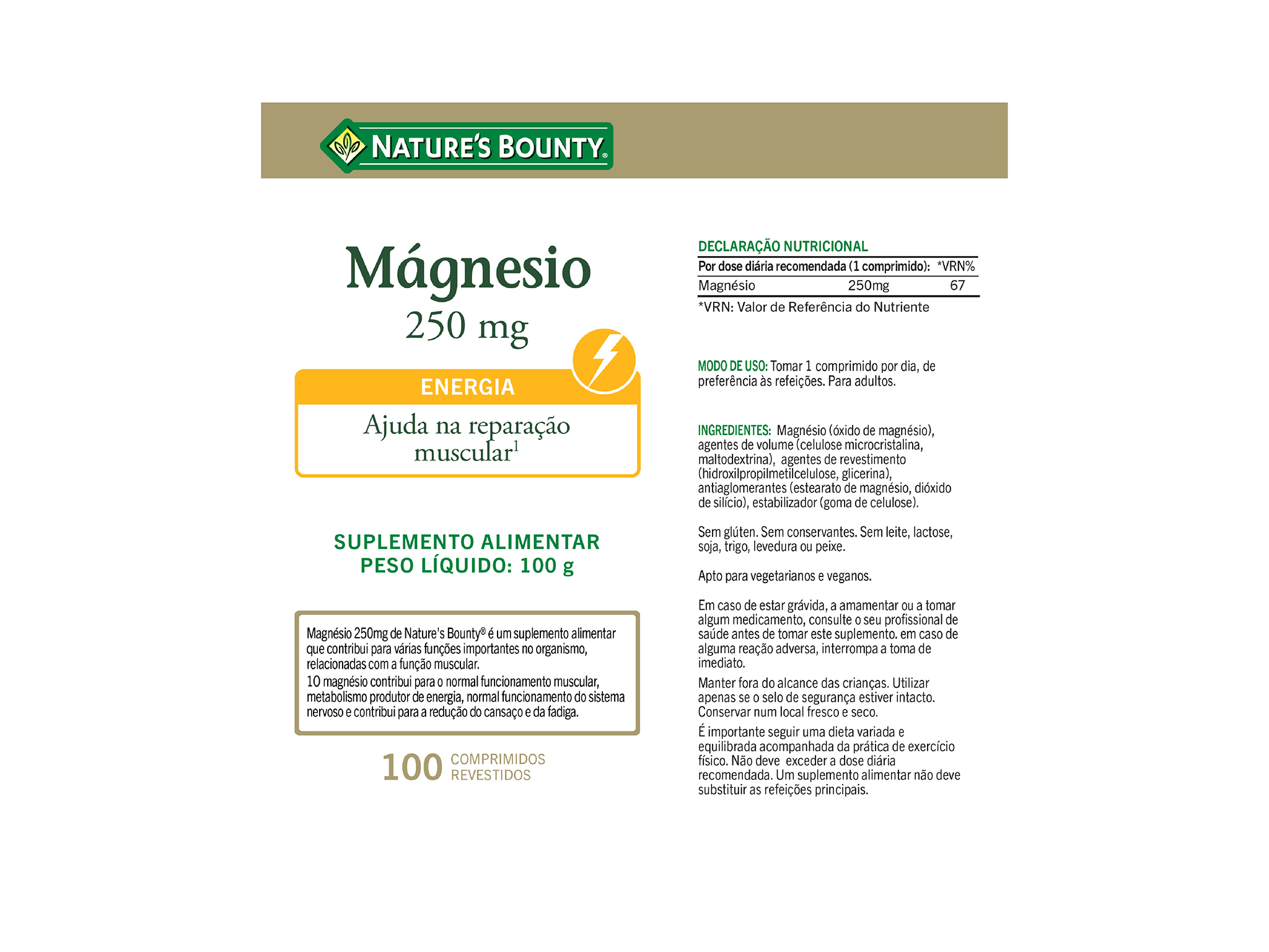 SUPLEMENTO NATURE?S BOUNTY MAGNÉSIO 250MG 100 CMP