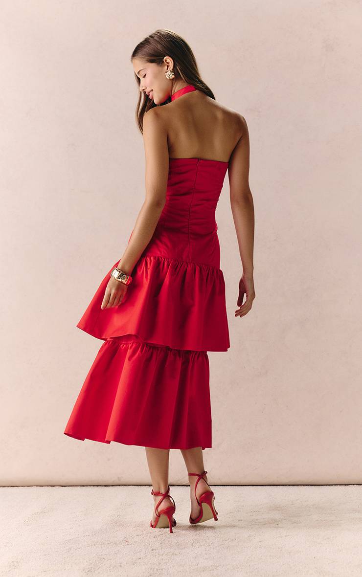 Rouge Robe Midi À Col Licou Avec Volants Étagés Et Ourlet Asymétrique