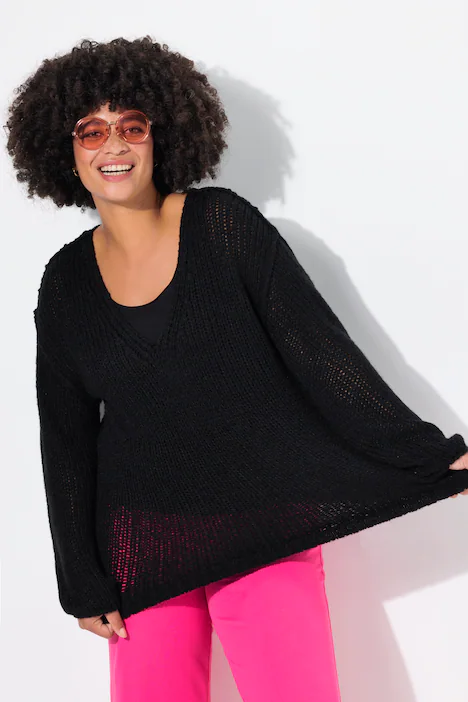 Pullover, oversized, Ballonärmel, V-Ausschnitt., schwarz
