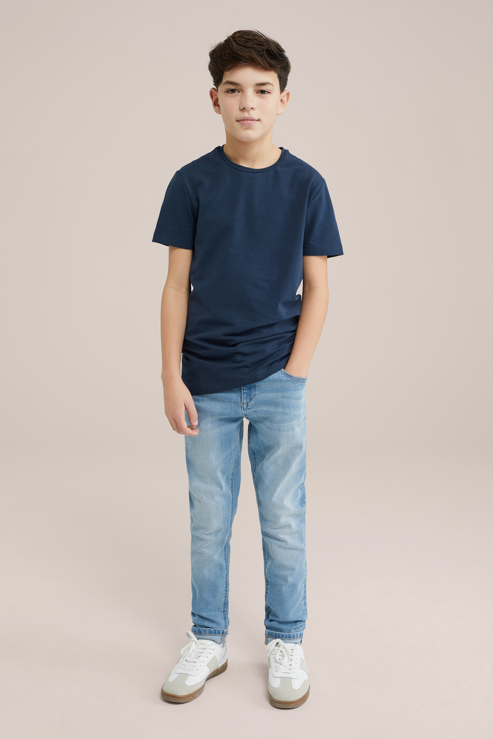 Jongens basic T-shirt met ronde hals WE Fashion Donkerblauw