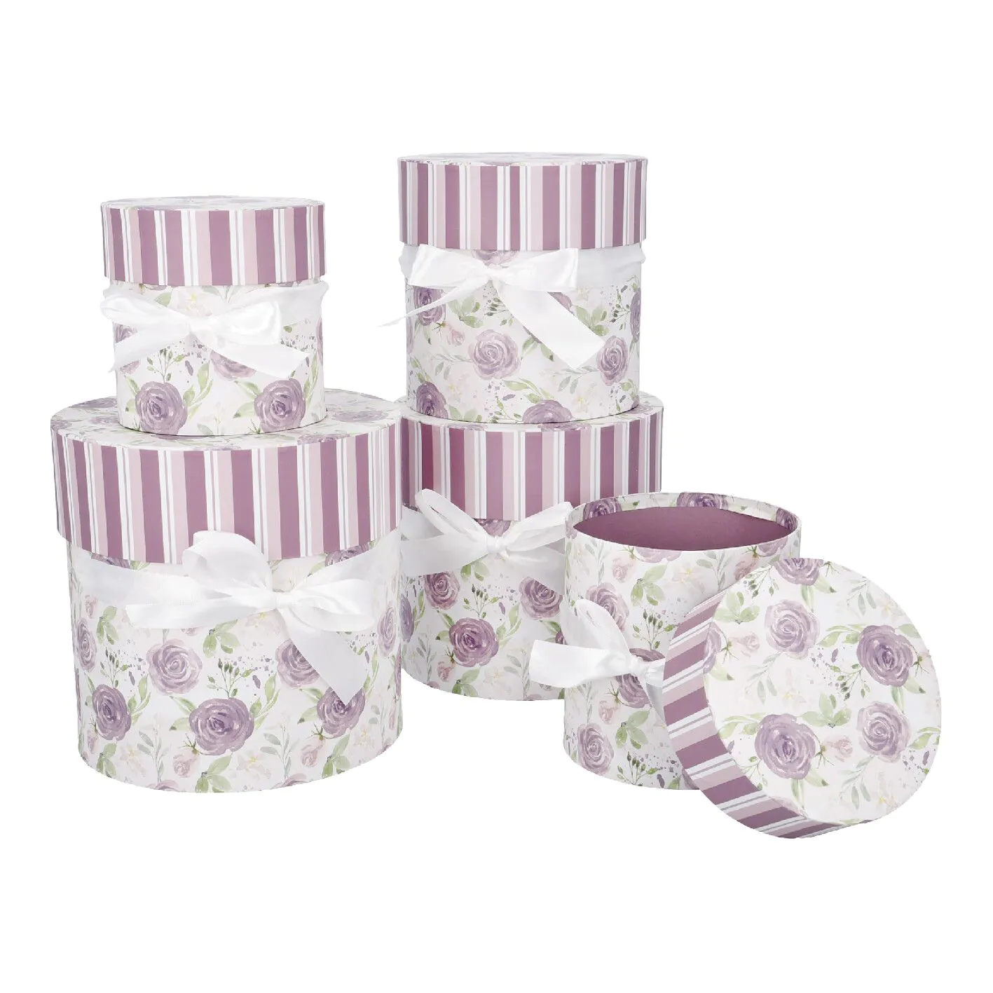 5er Set Geschenkkarton Rosenl/rund, lila
