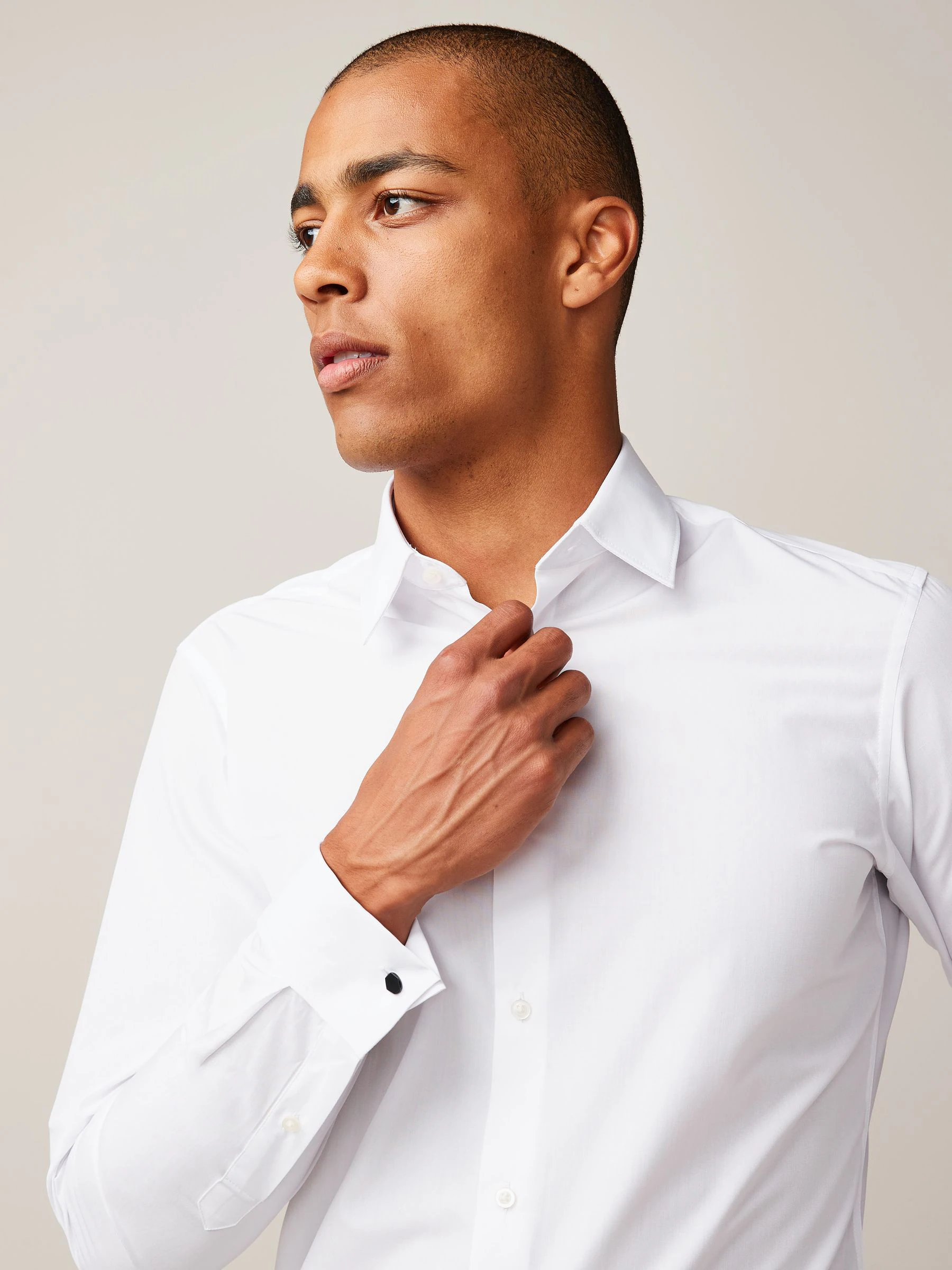 Wit - Slim Fit - Strijkvrij net overhemd met dubbele manchet